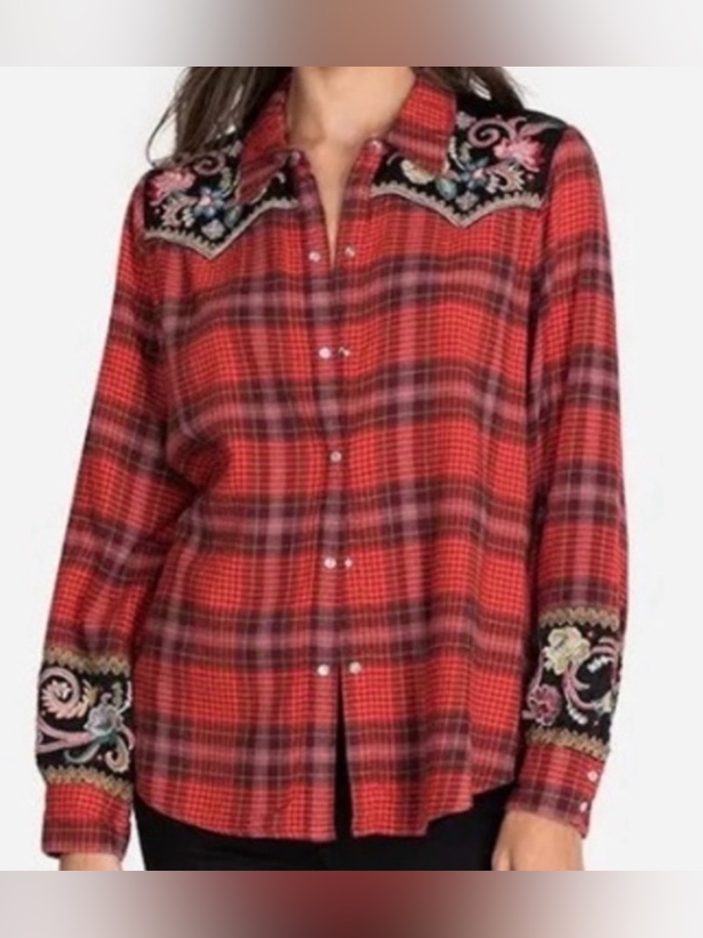 Johnny Was Esme Red Plaid Embroidered Button-Down Shirt medium
